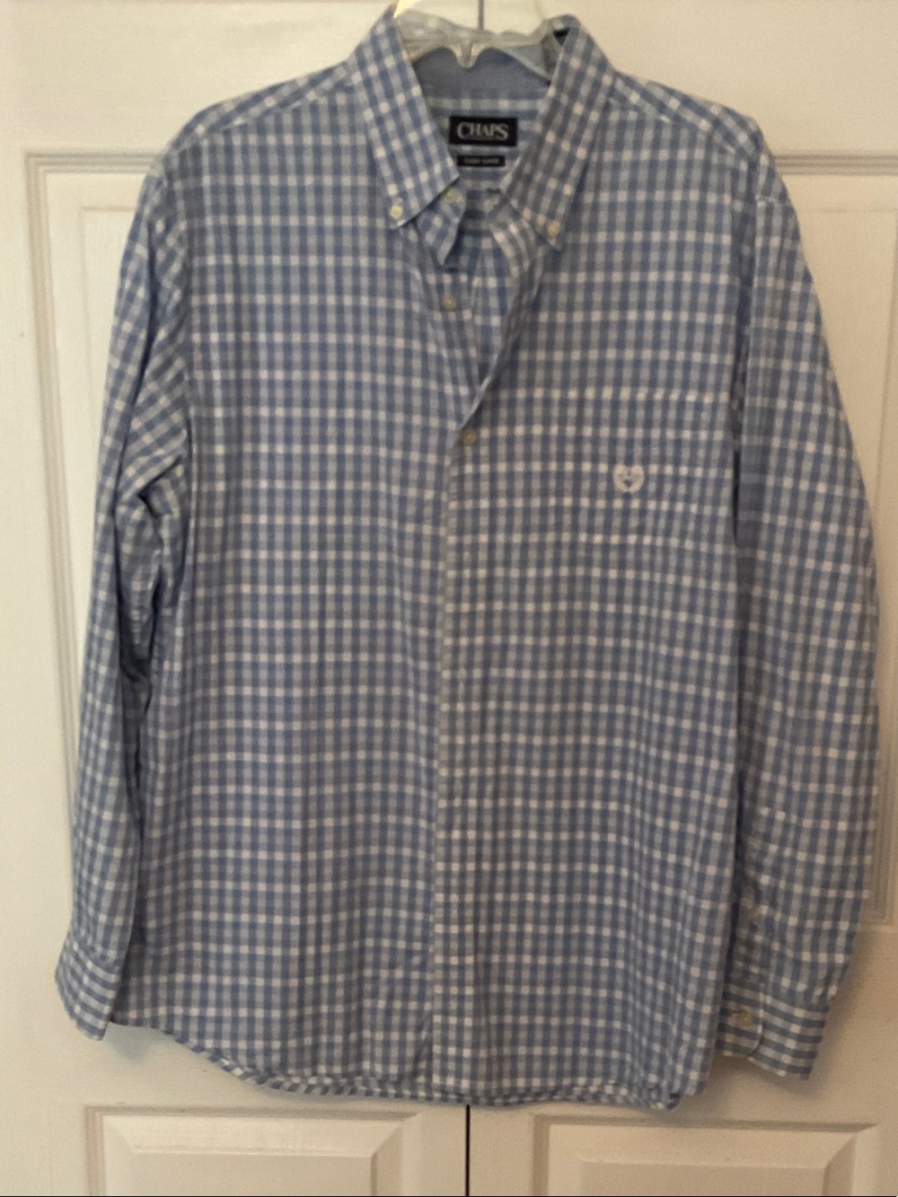 Chaps Light Blue and White Checked Button-Down Shirt Size L